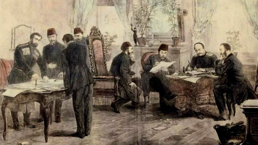 Подписването на Санстефанския мирен договор, 3 март (19 февруари ст. ст.) 1878 г., гравюра