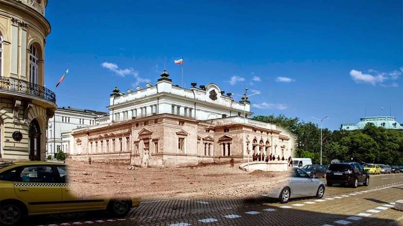 Здание парламента во время укладки одного из будущих символов столицы – желтой брусчатки
