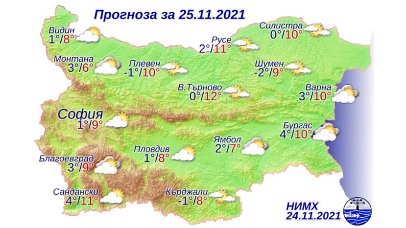 Прогноз погоды в Болгарии на 25 ноября