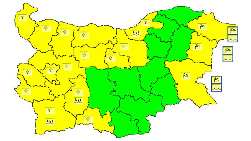 Жълт код за сняг, дъжд и вятър е в сила за 15 области на страната за 23 март