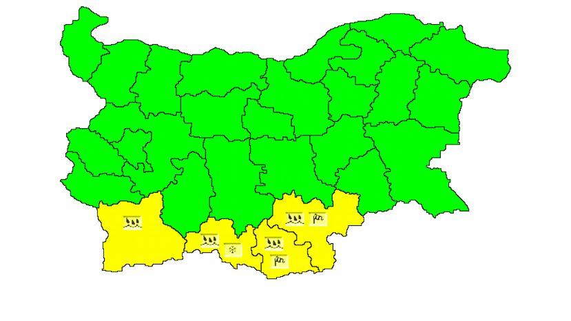 Жълт код за значителни валежи дъжд е обявен в 4 области в Южна България