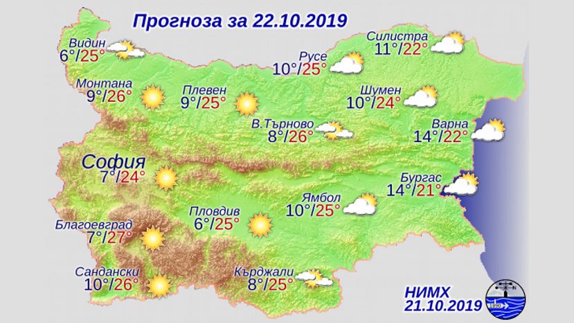 Прогноза за България за 22 октомври