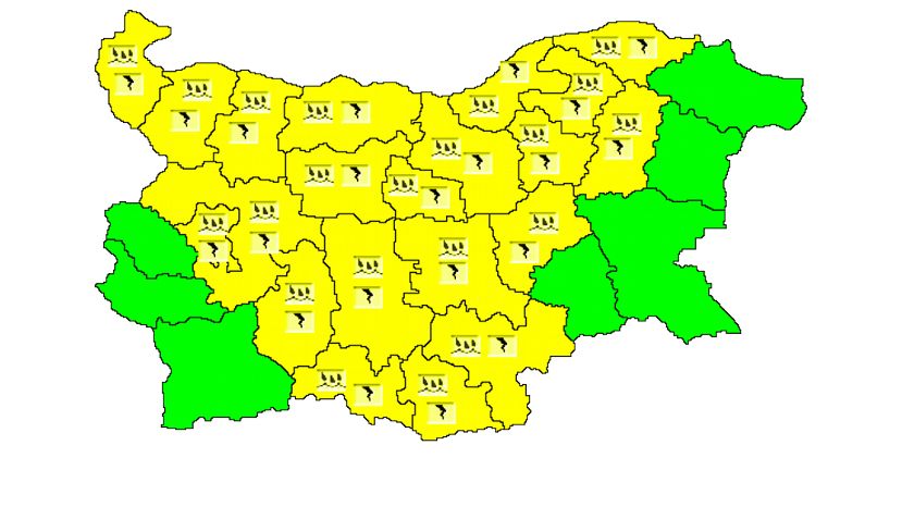 В 21 области от страната е обявен жълт код за обилни валежи и гръмотевична активност